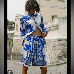 Zara Women's High Waisted Tropical Palm Trees Satin  Printed Bermuda Long Shorts